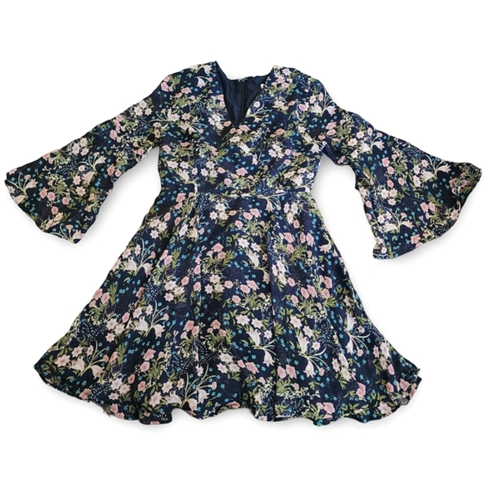 On The Road Mini Dress Sm Boho Dark Ditsy Floral Lined Bell Sleeve Fit & Flare